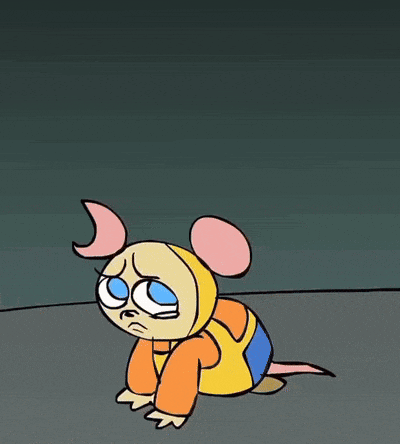 a cartoon mouse is crawling on the ground with a sad look on his face
