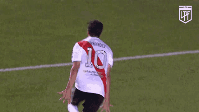 a soccer player with the number 10 on his jersey is running on the field