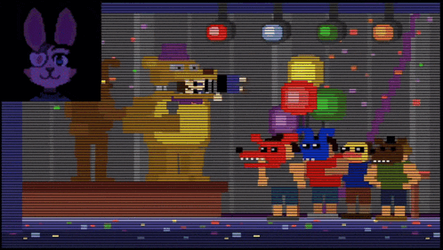 a video game scene with a purple rabbit and a yellow bear