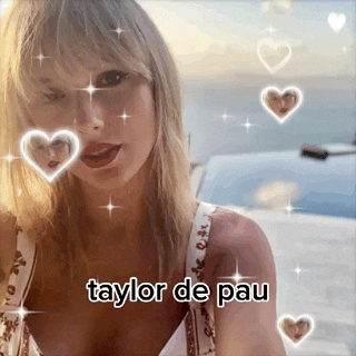 a woman is taking a selfie with hearts around her face and the words taylor de pau on the bottom .