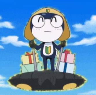 a cartoon character is holding a bunch of gifts in his hands