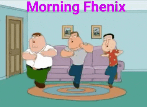 a cartoon of three men dancing in a living room with the words morning phenix above them .