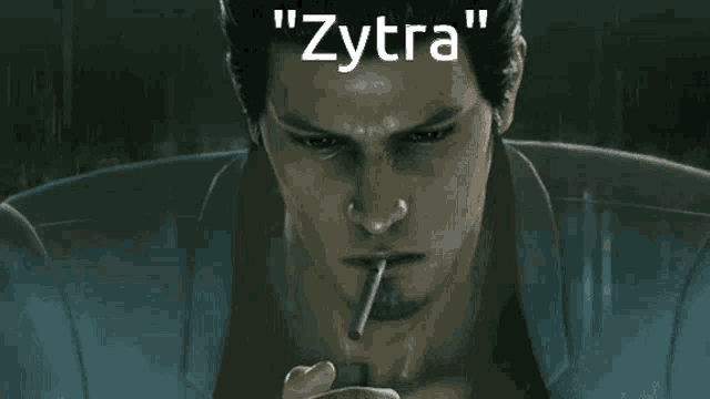 a man is smoking a cigarette with the words " zytra " written above him