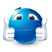 a blue smiley face giving two thumbs up on a white background