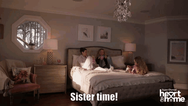a poster for super channel heart & home shows three women laying on a bed
