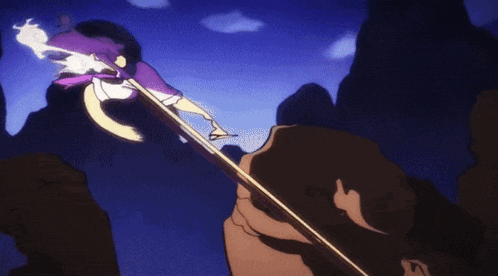 a person in a purple shirt is holding a long sword in a cartoon .