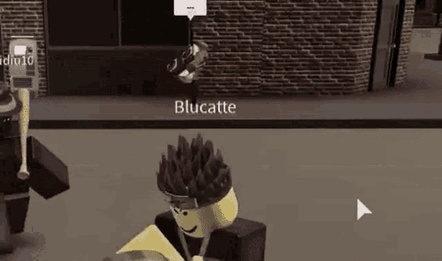 a cartoon character is standing on a sidewalk in front of a brick wall .