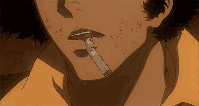 a close up of a person smoking a cigarette with the word docot at the bottom of the image