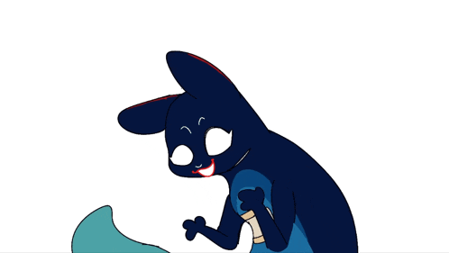 a cartoon drawing of a rabbit with a blue tail and white eyes