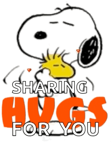 snoopy and woodstock are holding hearts in their eyes and saying sharing hugs for you .