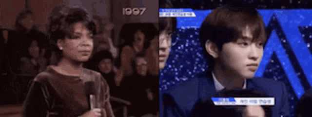 a woman is screaming next to a man in a suit in 1997
