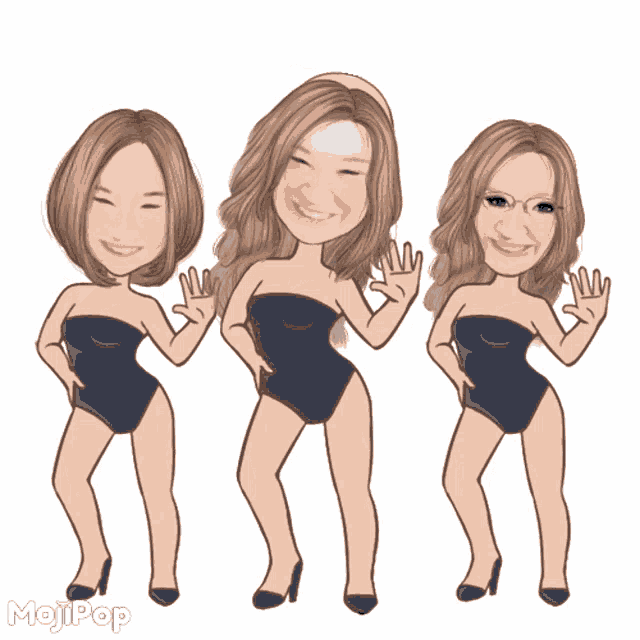 a cartoon of three women with their faces on them and the word mojipop below them