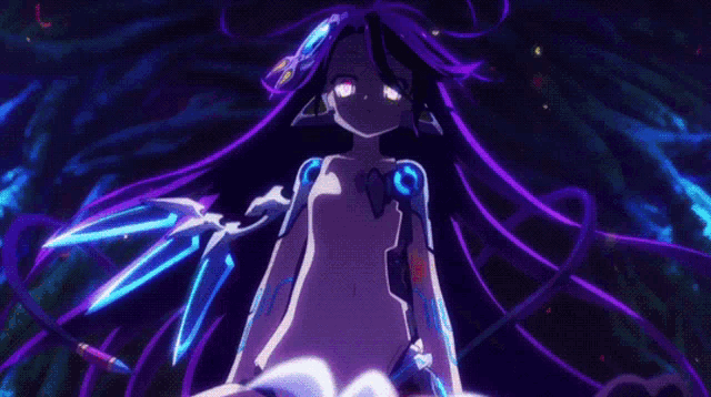 a close up of a person 's face with purple hair and glowing eyes