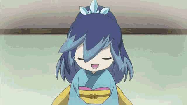 a girl with blue hair is wearing a kimono and smiling with her eyes closed
