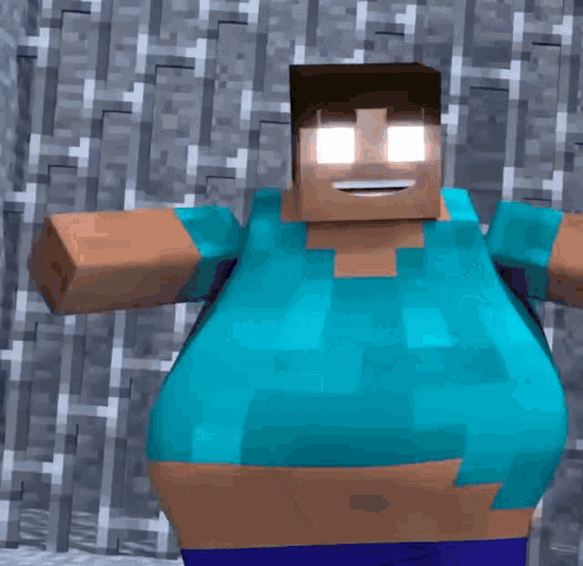 a minecraft character with a very large belly is standing in front of a fence .