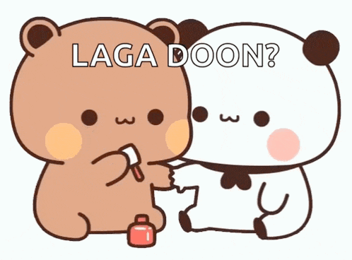 a couple of teddy bears are sitting next to each other and one of them is holding a nail polish bottle .