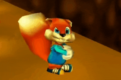 a cartoon squirrel is standing on a wooden surface .