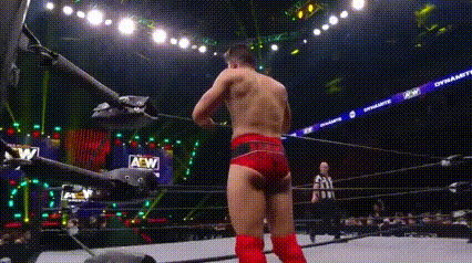 a man in red shorts is standing in a wrestling ring with a referee .