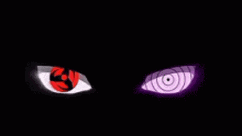 a pair of purple eyes with a swirl in the middle of them are glowing in the dark .