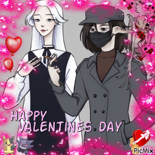a valentine 's day greeting card with a couple of anime characters