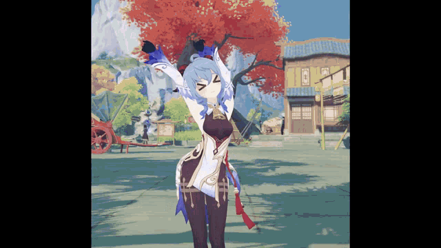 a girl in a video game is standing in front of a tree