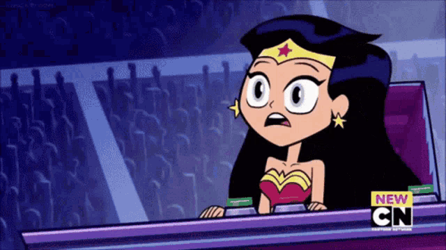 a cartoon of wonder woman sitting in front of a crowd with a new cn logo