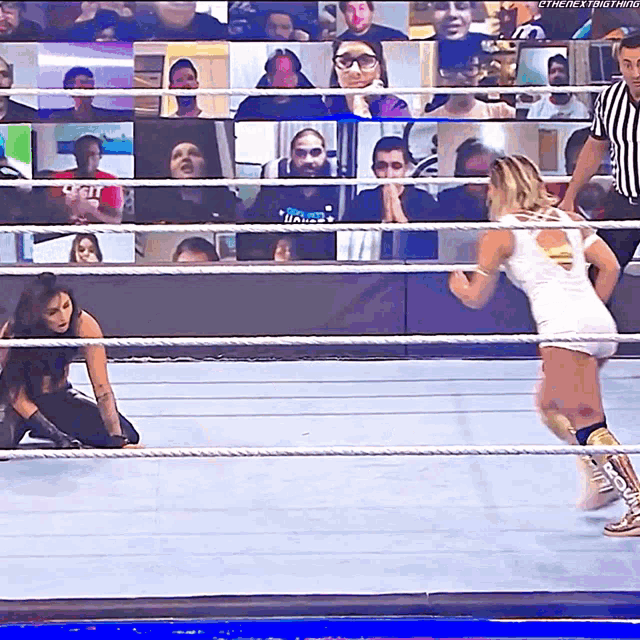 two women are wrestling in a ring with a referee and a collage of people watching