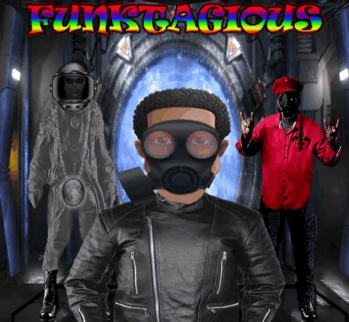 a man wearing a gas mask stands in front of a space suit and the words funktacious
