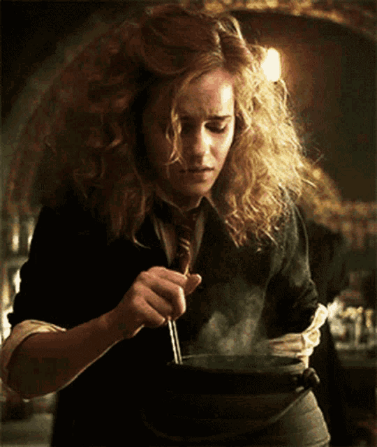 a woman in a tie is stirring something in a pot with a spoon