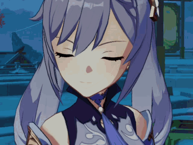 a girl with purple hair and a purple flower around her neck