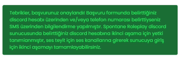 a green text box says tebrikler basvurunuz onaylandi