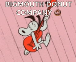 a cartoon of snoopy playing a guitar with the words `` bigmouth donut company '' behind him .
