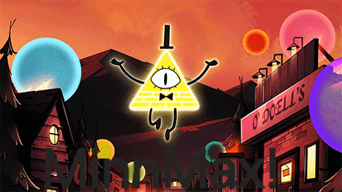 bill cipher from gravity falls stands in front of a building that says odells