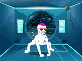 a cartoon character wearing sunglasses and a purple haircut is standing in a room