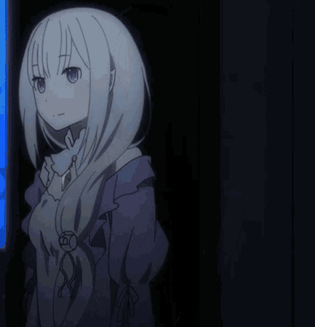 a girl with white hair and purple eyes is waving