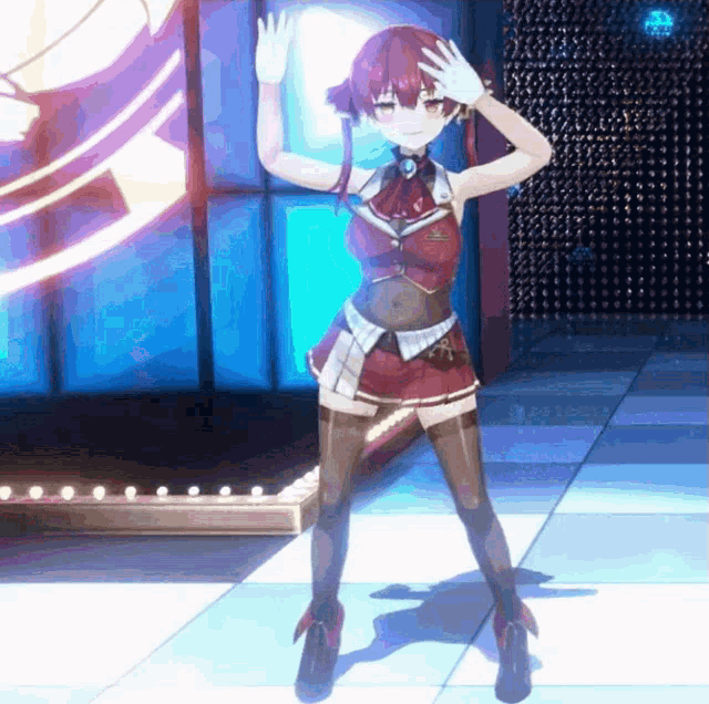 a girl in a red dress is dancing in a room