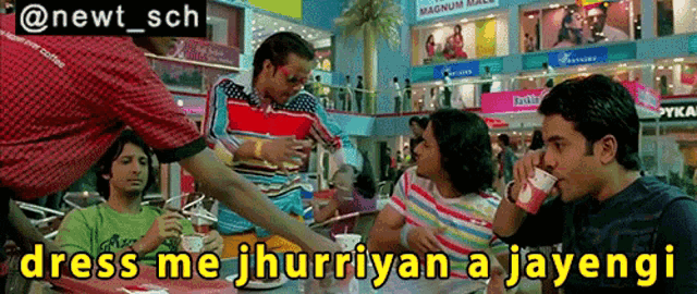 a group of people sitting at a table with a caption that says dress me jhurriyan a jayenge