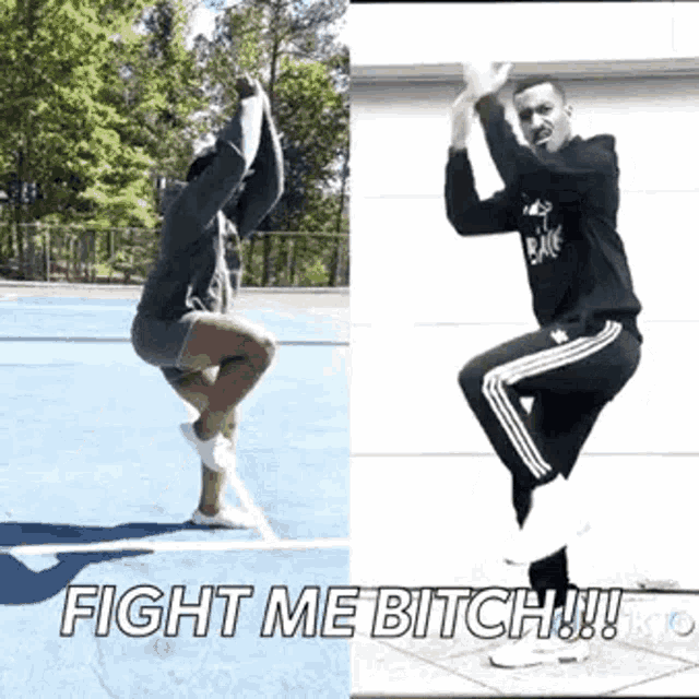 a man is doing a trick on a tennis court and another man is doing a trick on a sidewalk .