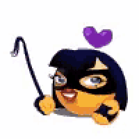 a cartoon bee wearing a mask and a purple heart on its head .
