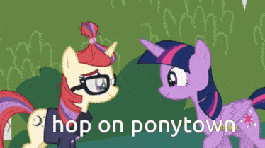 a couple of ponies standing next to each other with the words hop on ponytown above them