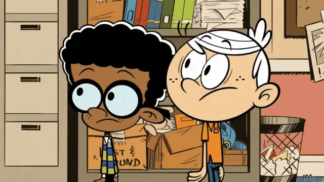 two cartoon characters standing next to each other with a box that says lost and found in the background