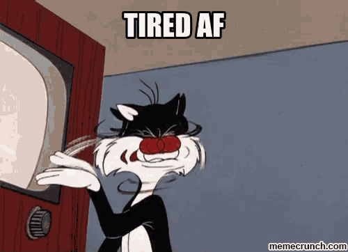 a cartoon cat with tired af written on the top