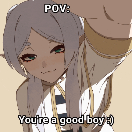 a picture of a girl with the caption " pov : you 're a good boy :) "