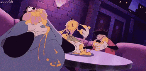 a cartoon of goofy eating cheese with a 2000ish logo in the corner