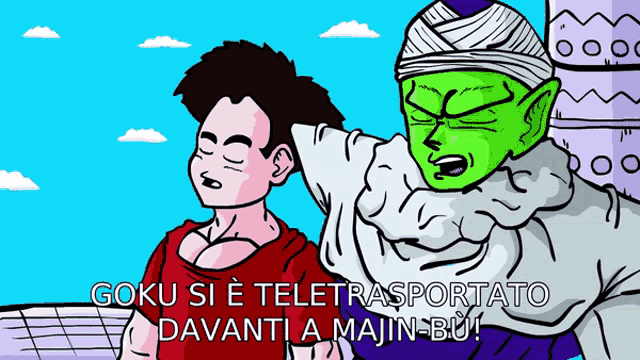a cartoon of goku and piccolo with the caption goku si e teletrasportato