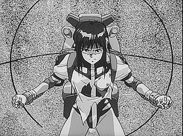 a black and white photo of a girl in a robot suit standing in front of a circle .