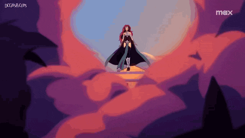 a woman with red hair is standing in front of a purple background with a max logo in the corner