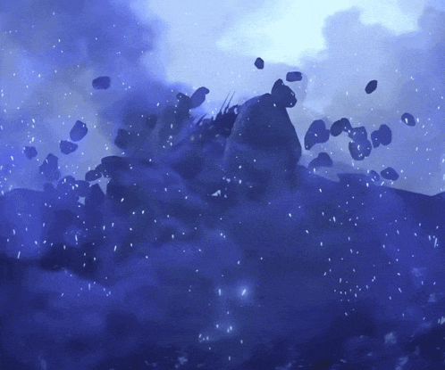 a blue background with a lot of rocks flying around
