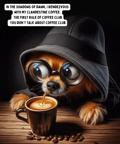 a dog wearing glasses and a hood is drinking coffee from a cup