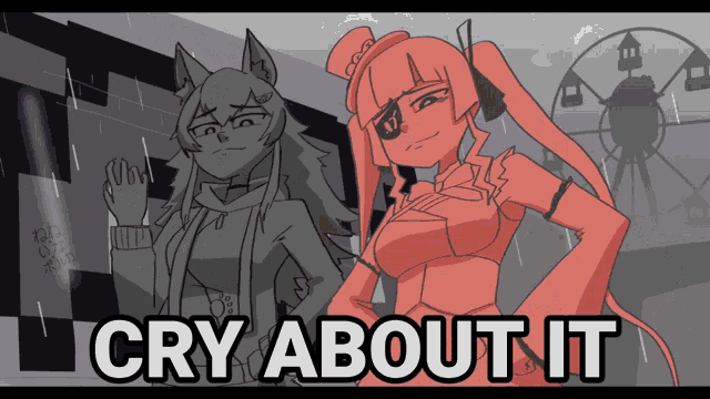 a cartoon of a wolf and a girl with the words cry about it below them